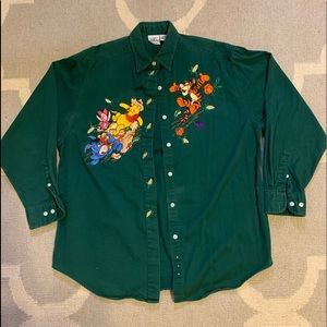 The Disney Store VINTAGE Dark Green Winnie the Pooh Embroidered Button Up